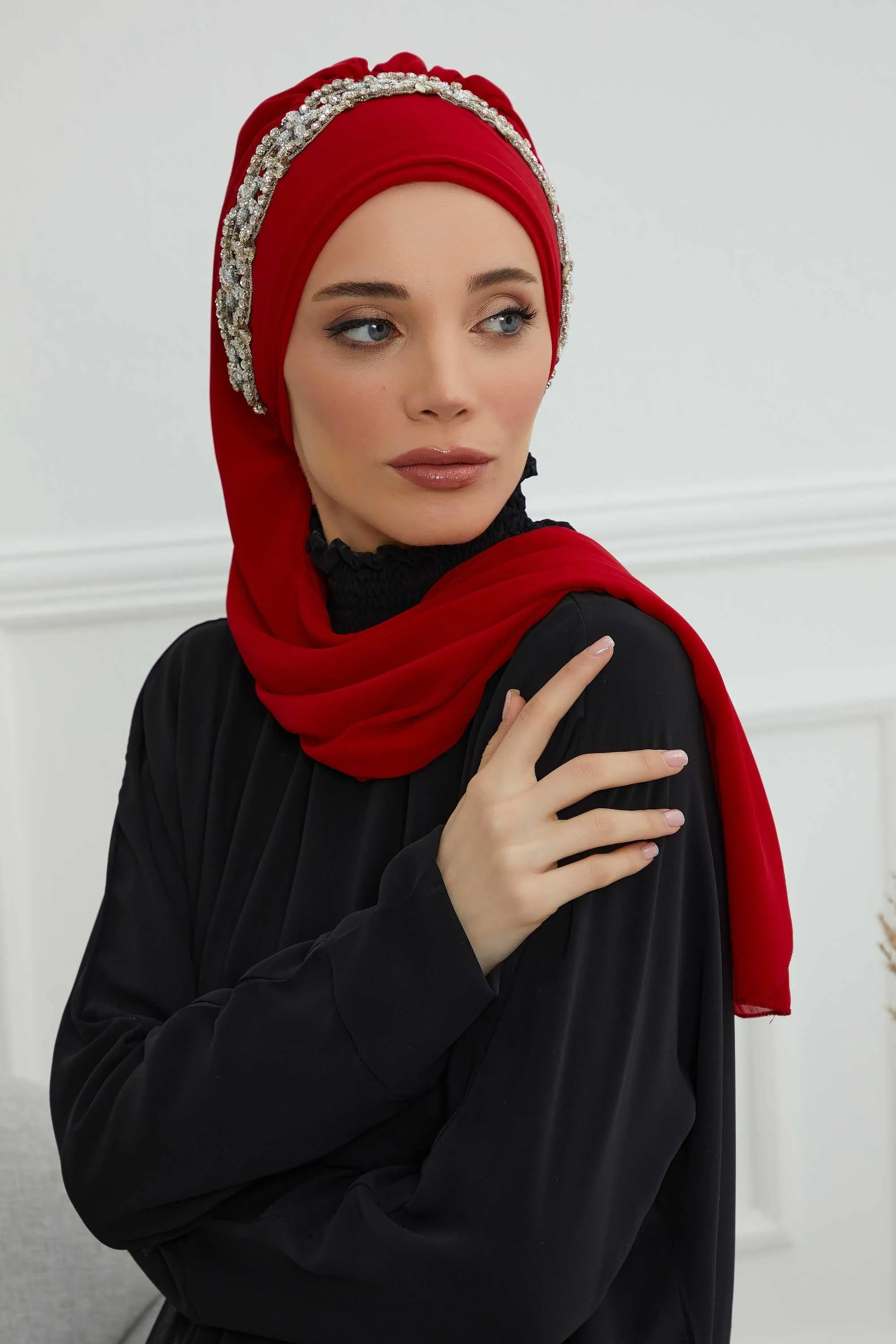 Glamorous Chiffon Instant Turban with Gold & Silver Embellishments, Wedding Instant Turban with Sparkling Headband for Special Events,HT-101