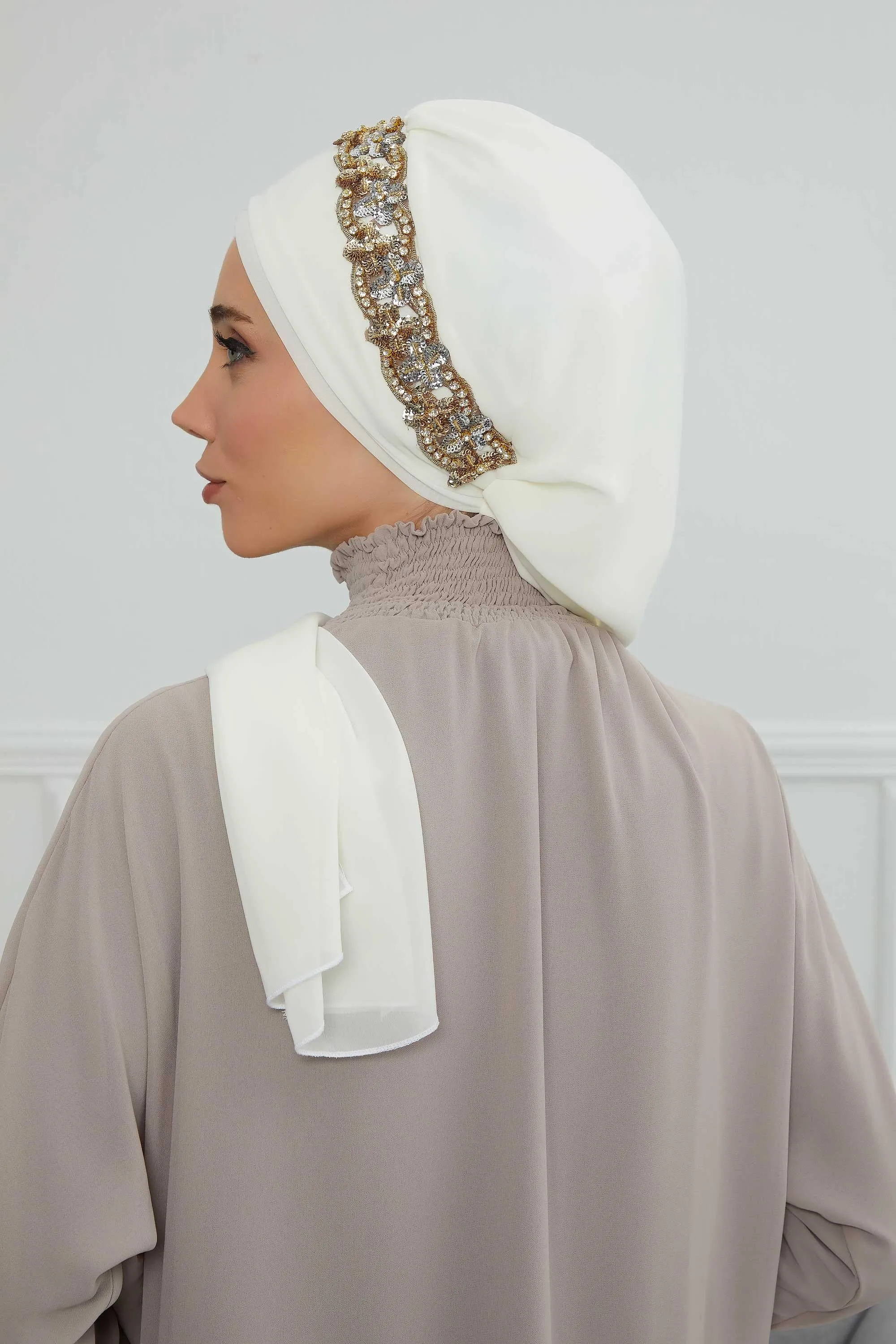 Glamorous Chiffon Instant Turban with Gold & Silver Embellishments, Wedding Instant Turban with Sparkling Headband for Special Events,HT-101
