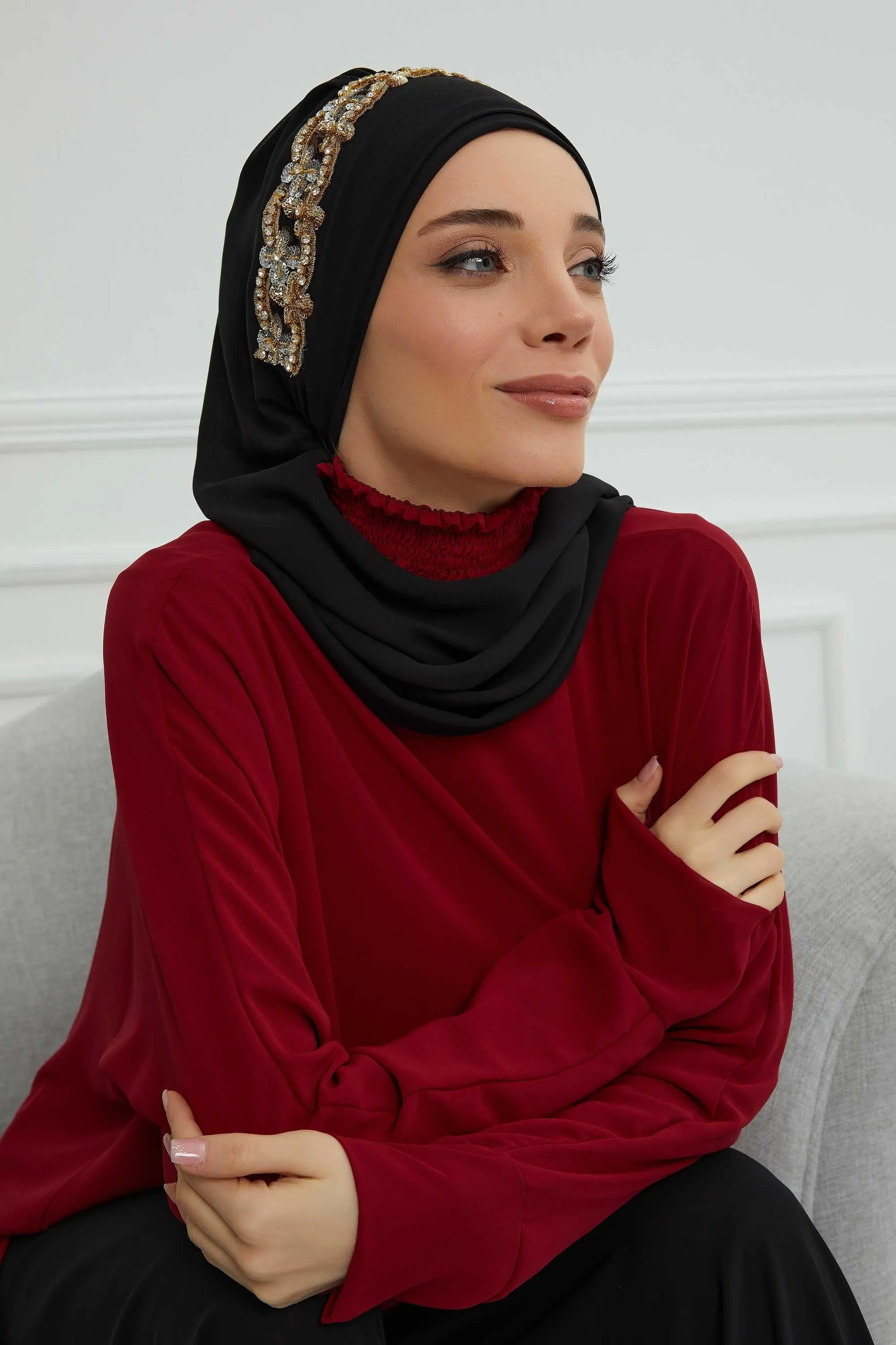 Glamorous Chiffon Instant Turban with Gold & Silver Embellishments, Wedding Instant Turban with Sparkling Headband for Special Events,HT-101