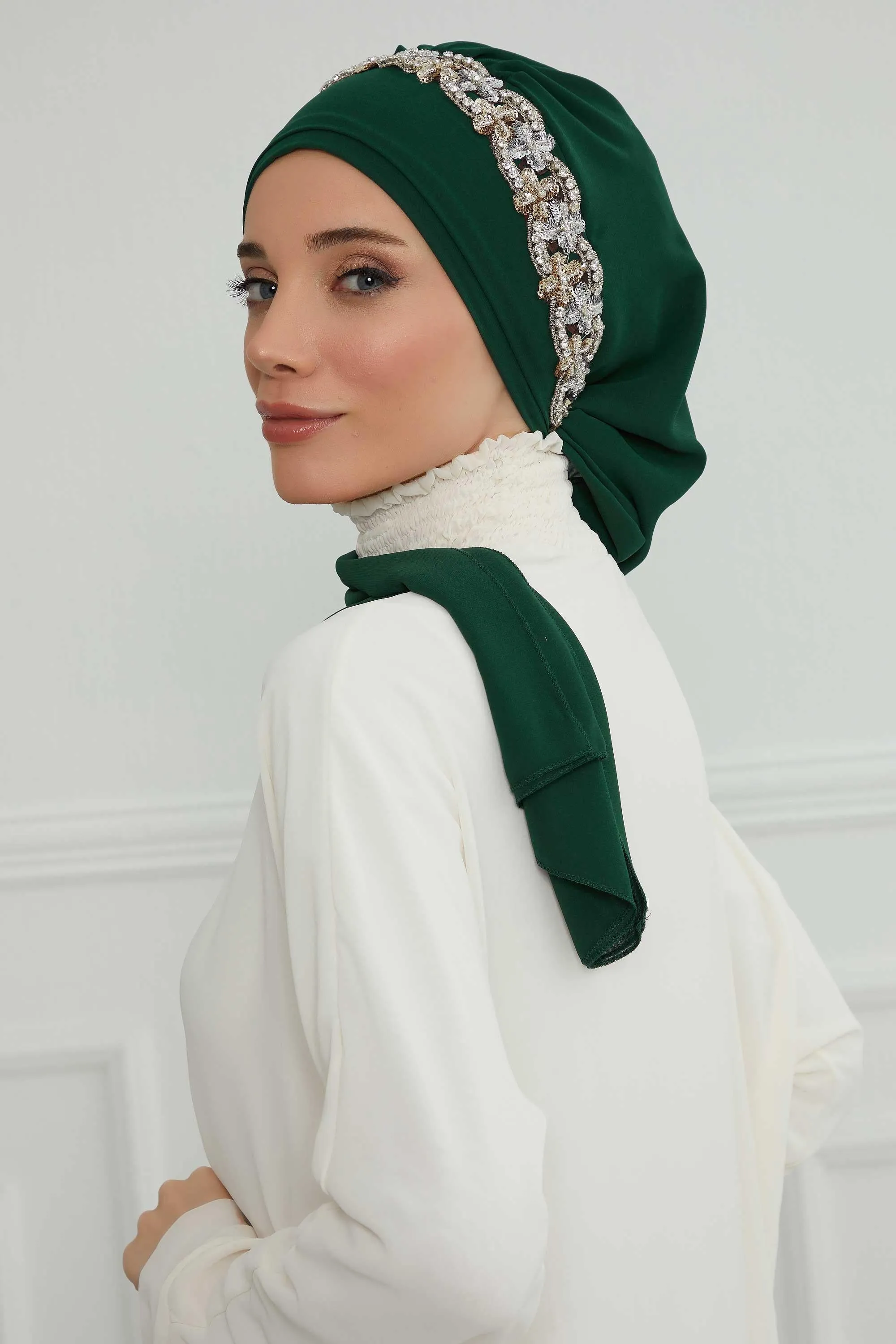 Glamorous Chiffon Instant Turban with Gold & Silver Embellishments, Wedding Instant Turban with Sparkling Headband for Special Events,HT-101