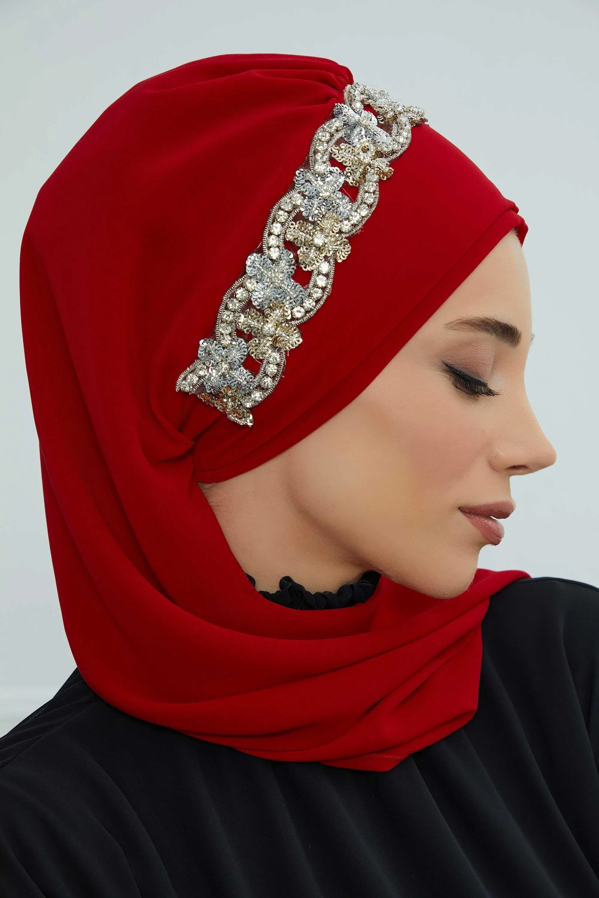 Glamorous Chiffon Instant Turban with Gold & Silver Embellishments, Wedding Instant Turban with Sparkling Headband for Special Events,HT-101