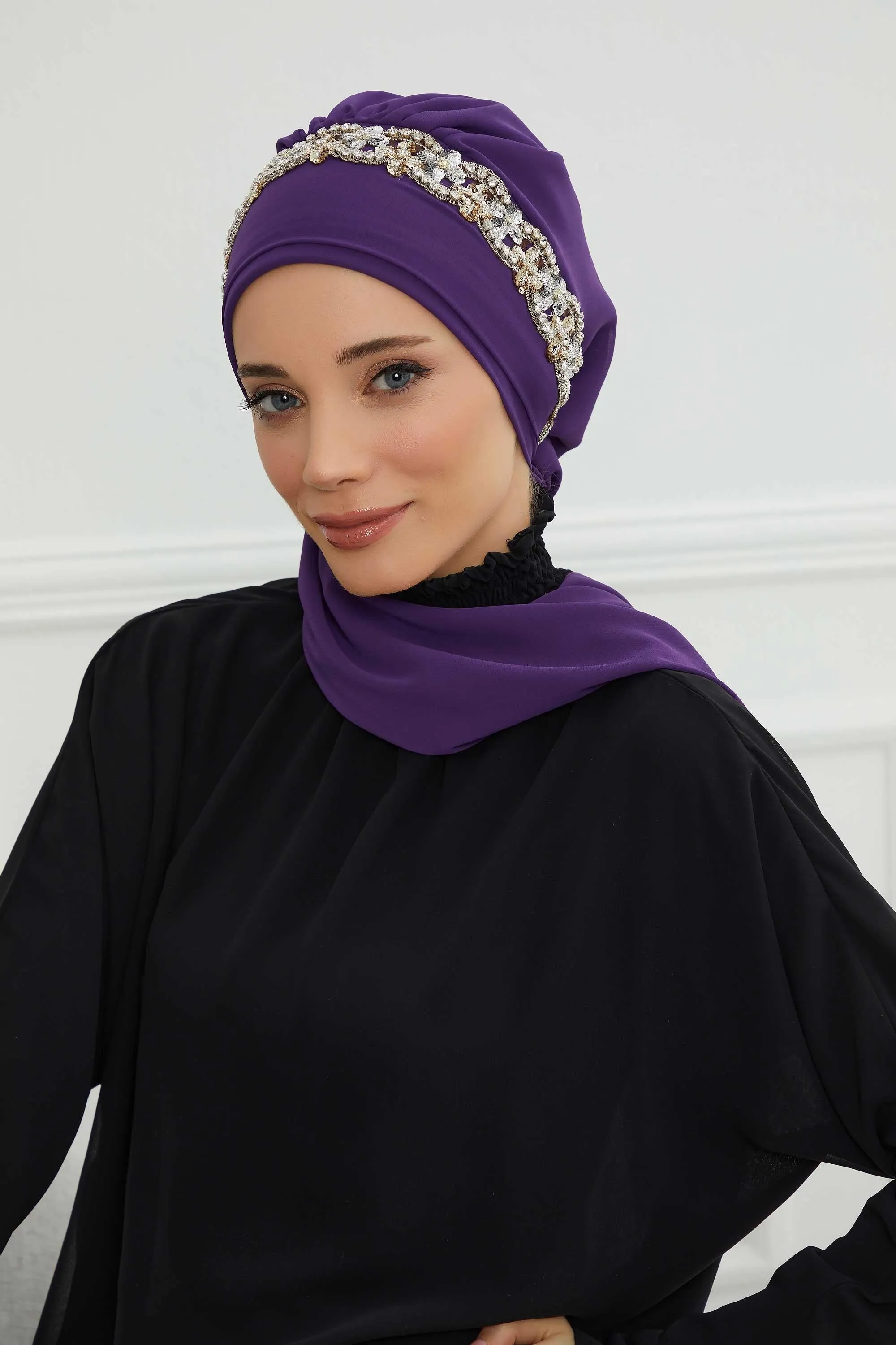 Glamorous Chiffon Instant Turban with Gold & Silver Embellishments, Wedding Instant Turban with Sparkling Headband for Special Events,HT-101