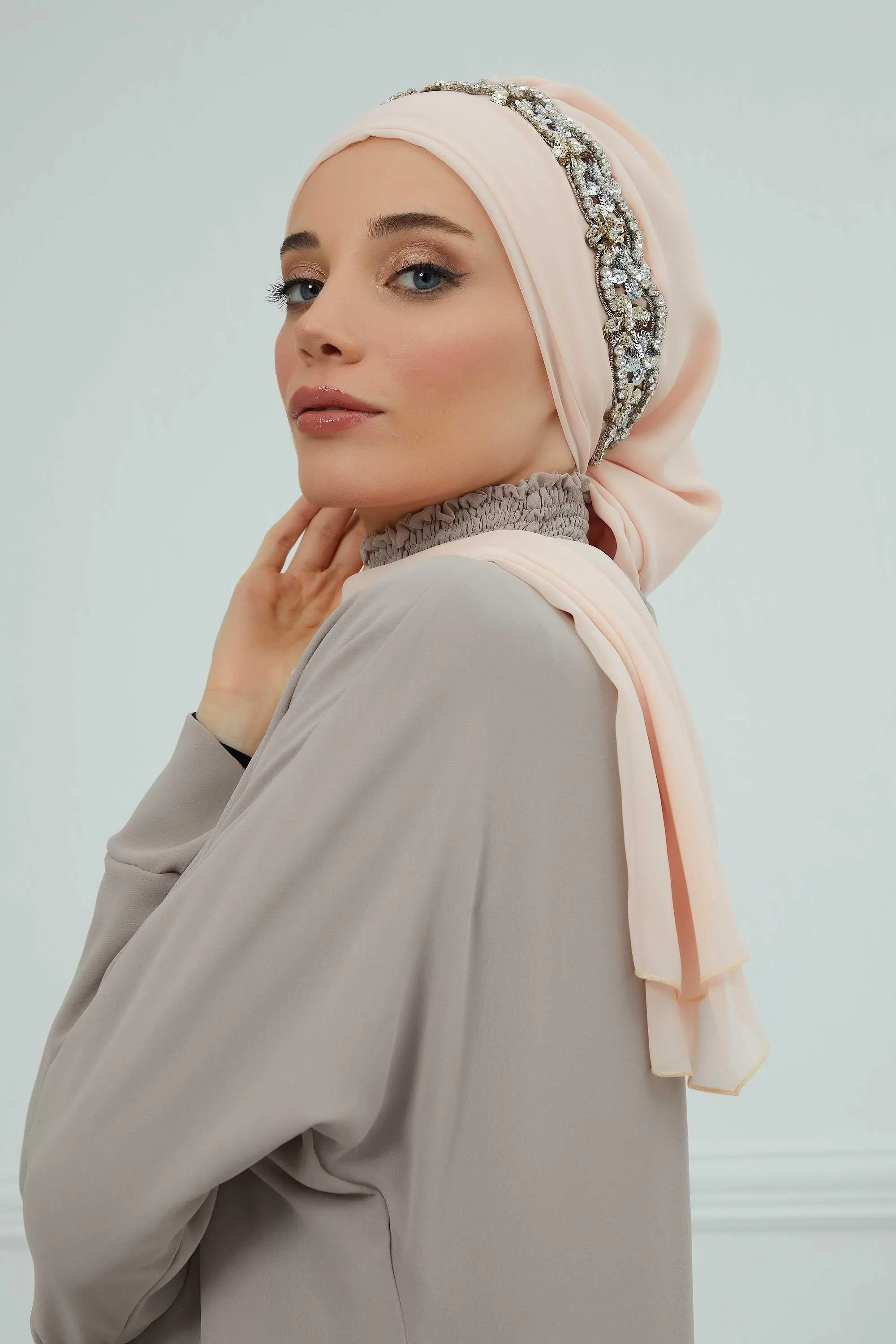 Glamorous Chiffon Instant Turban with Gold & Silver Embellishments, Wedding Instant Turban with Sparkling Headband for Special Events,HT-101