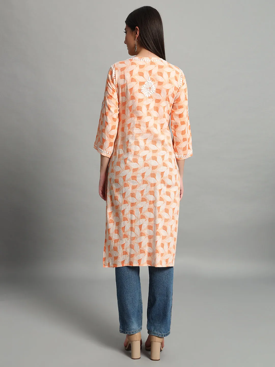Handikraft Chikankari Kurta for Women Cotton Printed & Embroidered Straight Kurti Peach