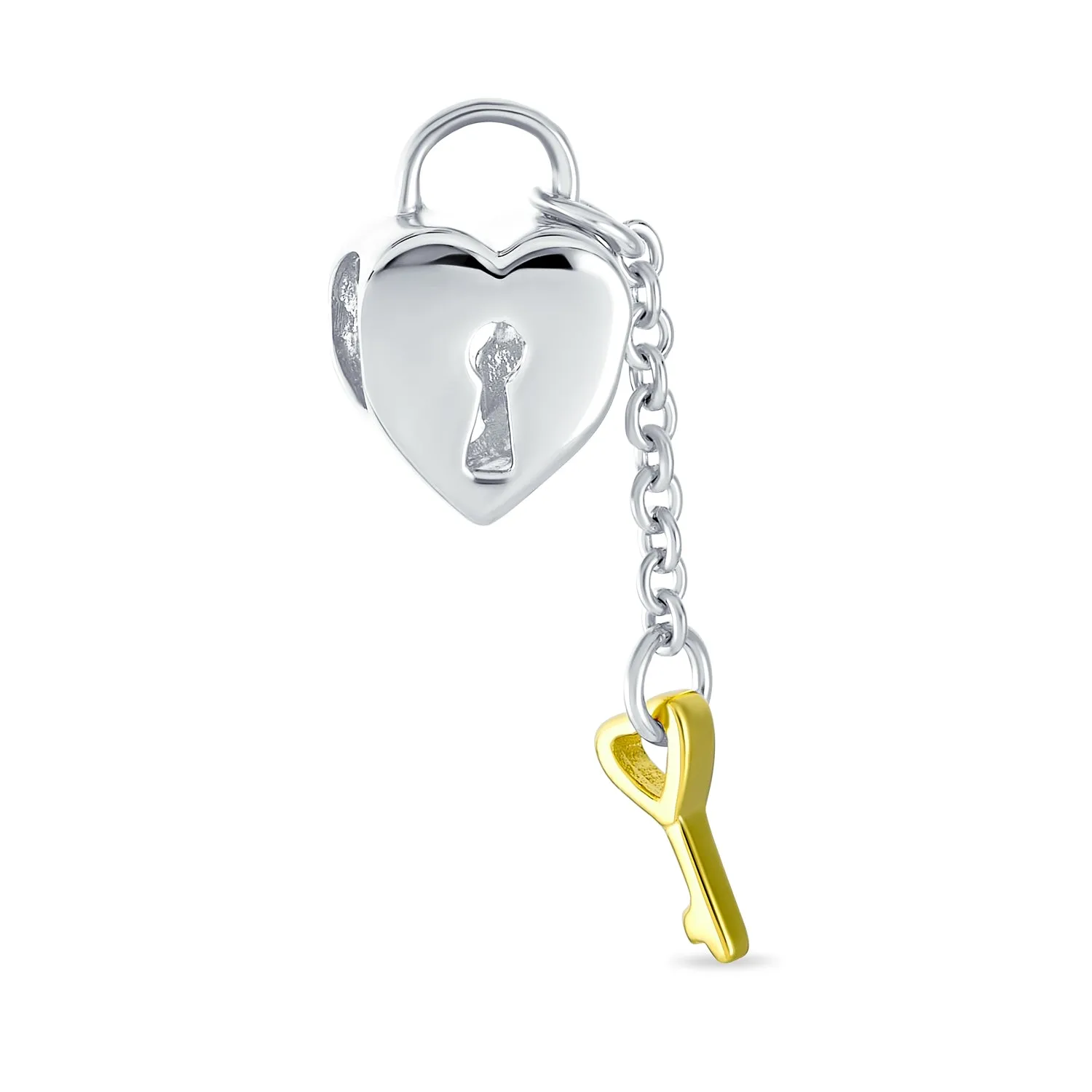 Heart Shaped Lock Love Gold Plated Key Charm Bead .925 Sterling Silver