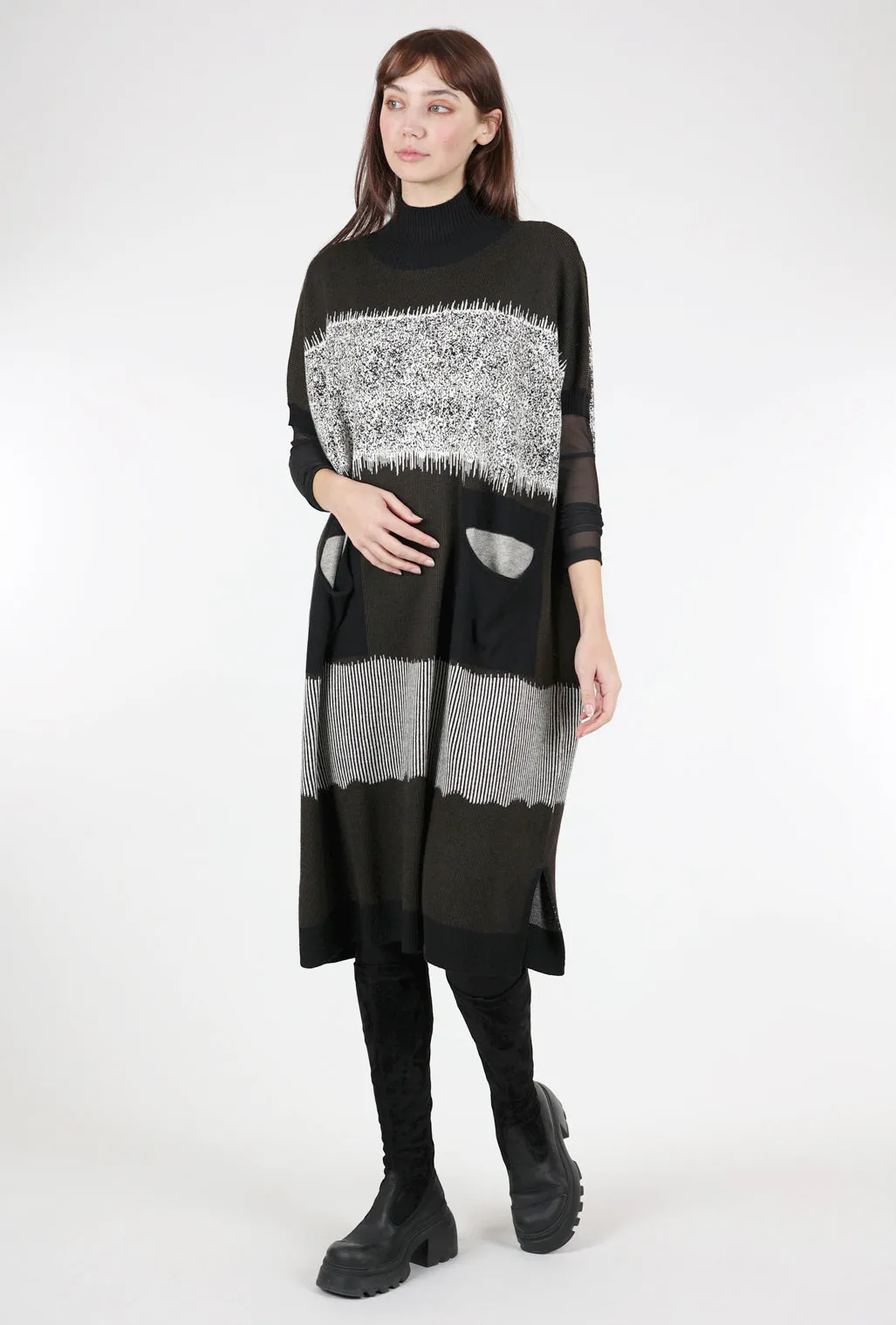 Intarsia Long Knit Dress, Brown