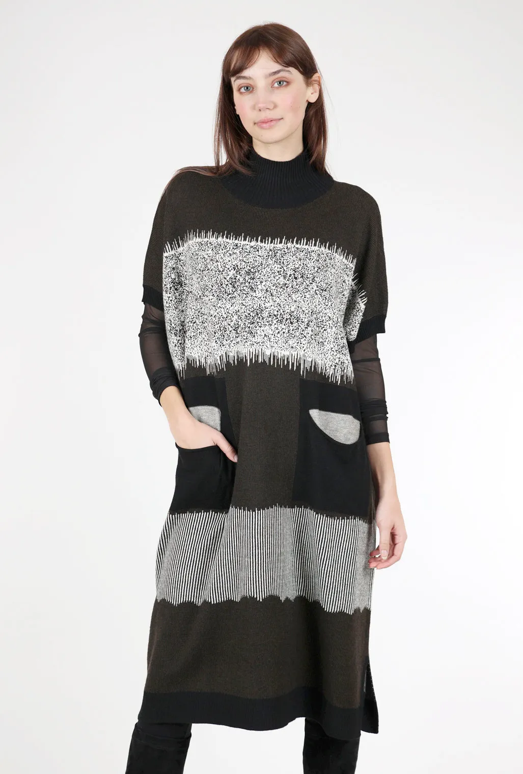 Intarsia Long Knit Dress, Brown