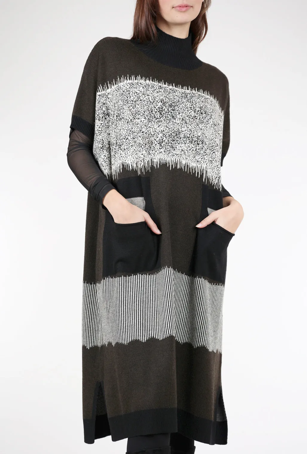 Intarsia Long Knit Dress, Brown