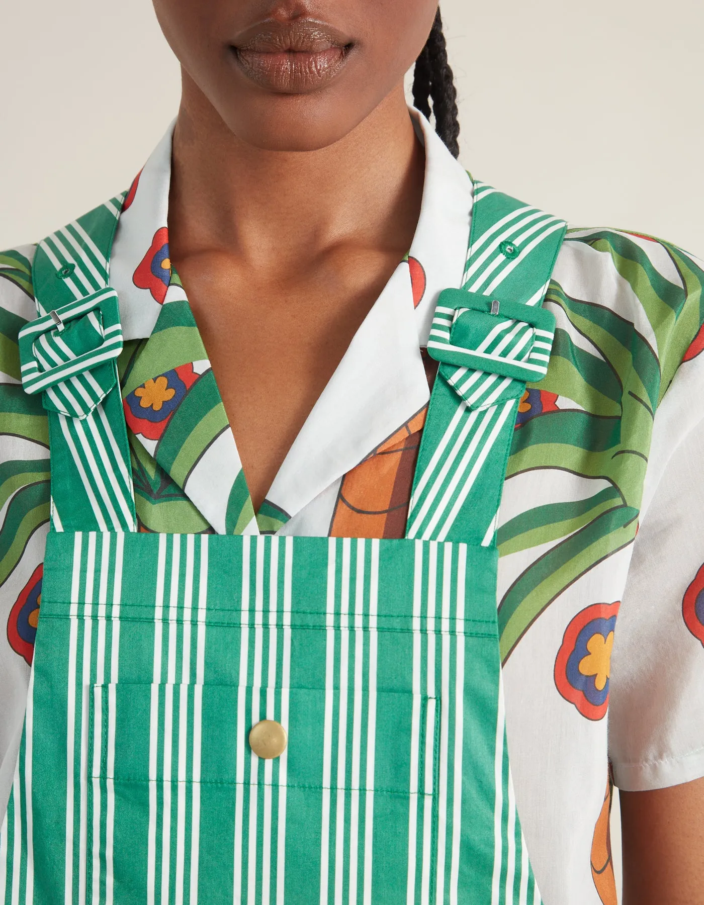 Jess Green Stripe Print Cotton Dungarees