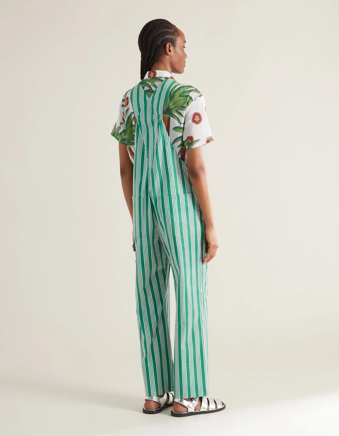 Jess Green Stripe Print Cotton Dungarees