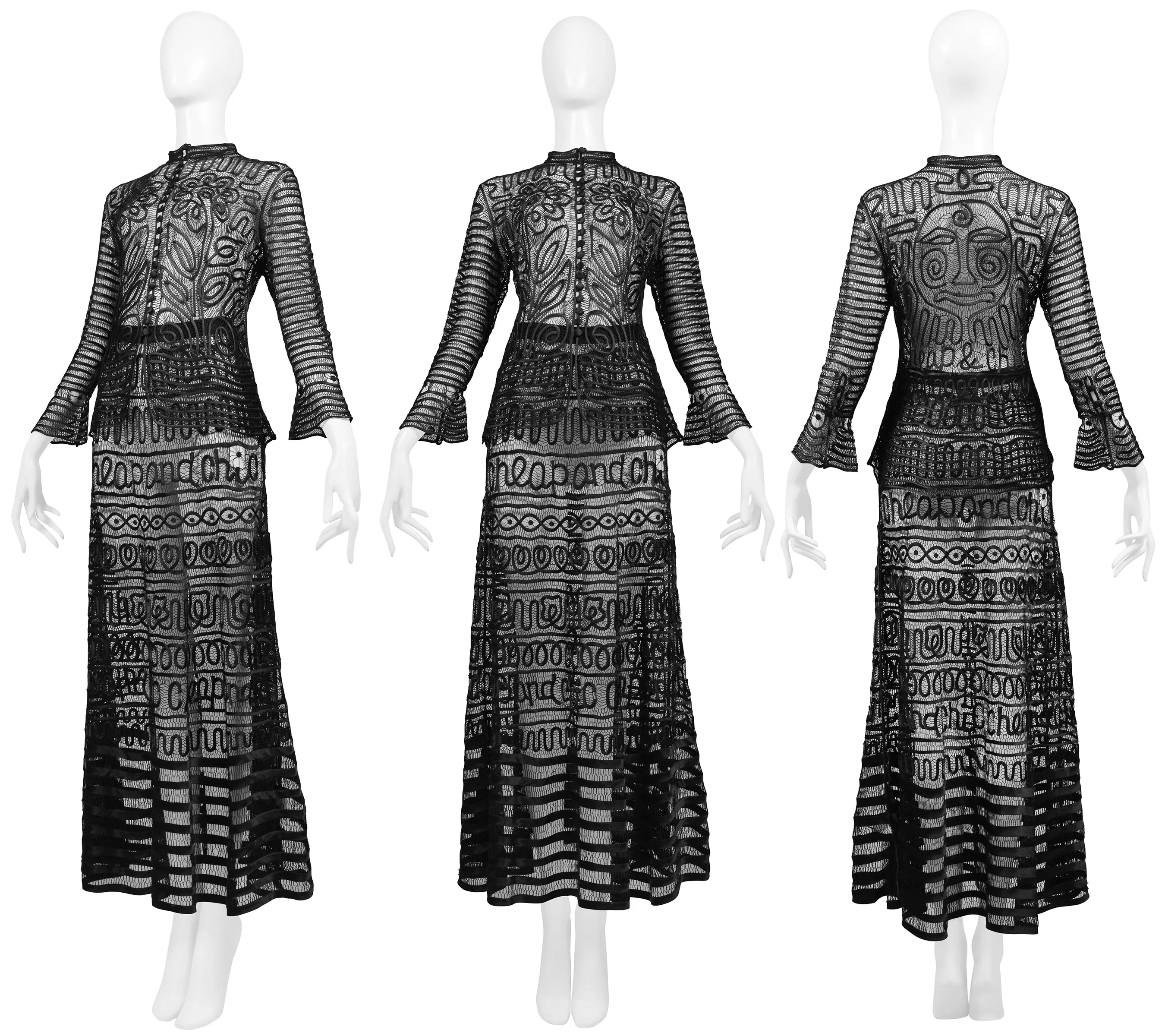 MOSCHINO "CHEAP & CHIC" BLACK SATIN RIBBON LACE JACKET & SKIRT WITH LOGO SCRIPT