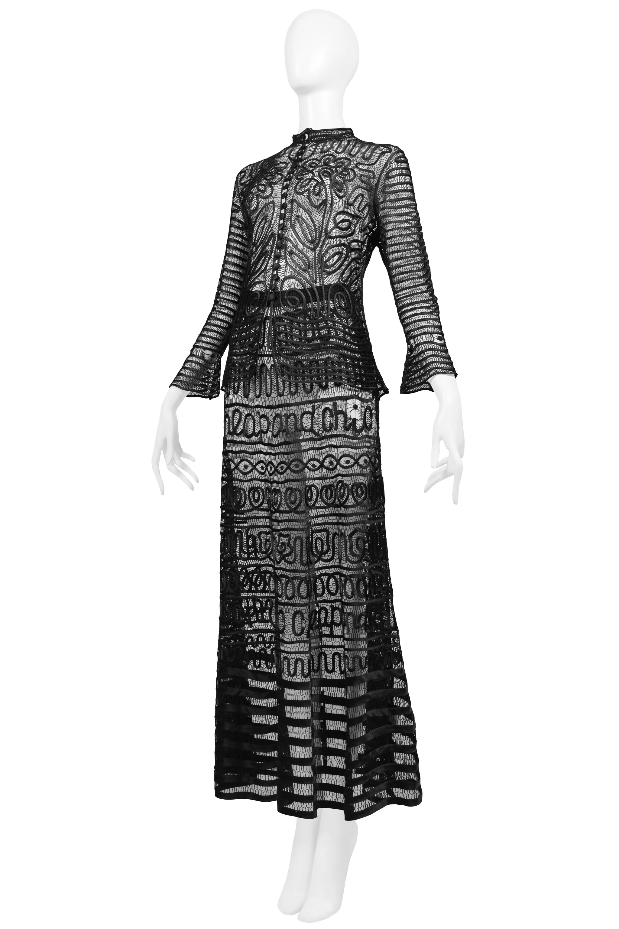 MOSCHINO "CHEAP & CHIC" BLACK SATIN RIBBON LACE JACKET & SKIRT WITH LOGO SCRIPT