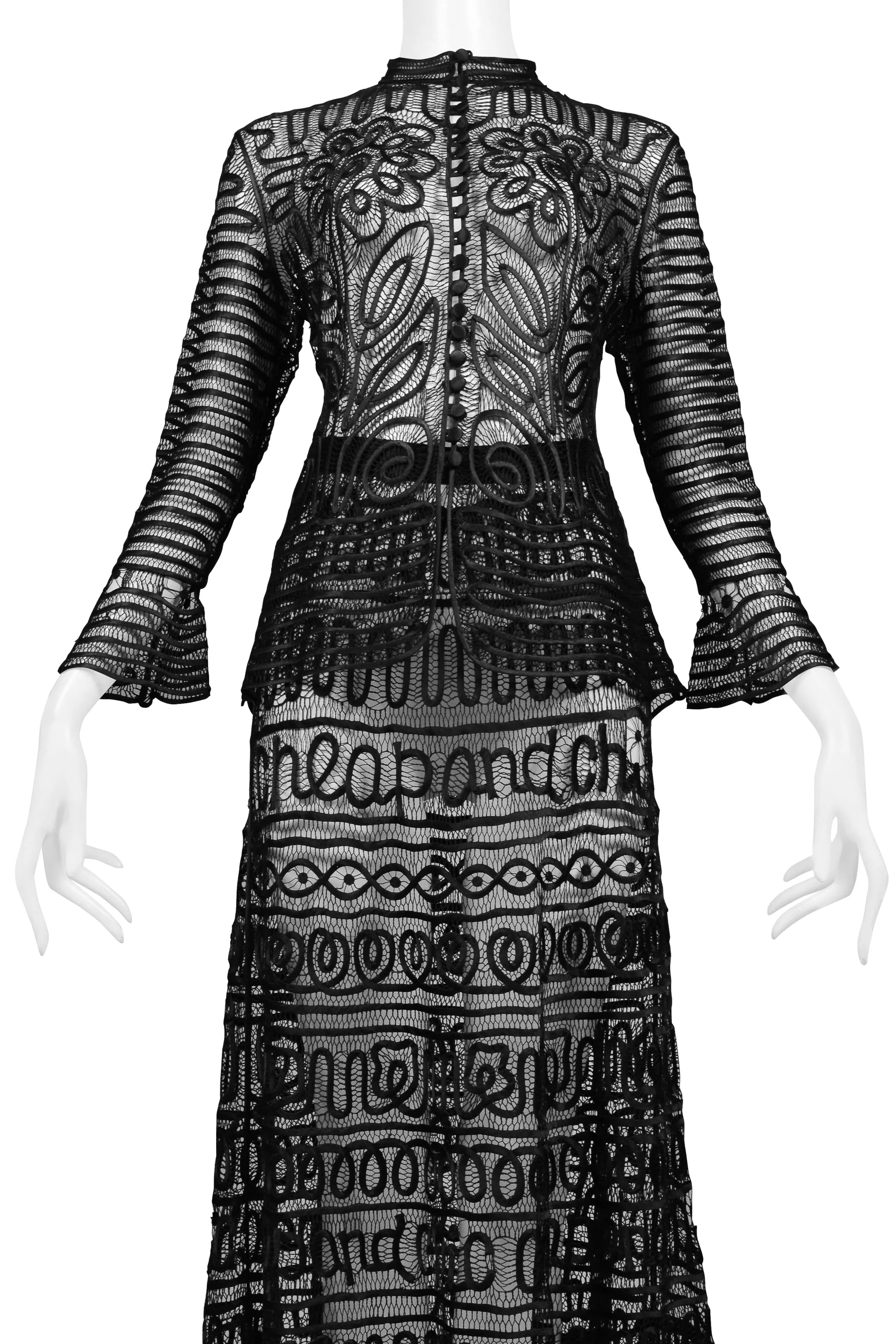 MOSCHINO "CHEAP & CHIC" BLACK SATIN RIBBON LACE JACKET & SKIRT WITH LOGO SCRIPT