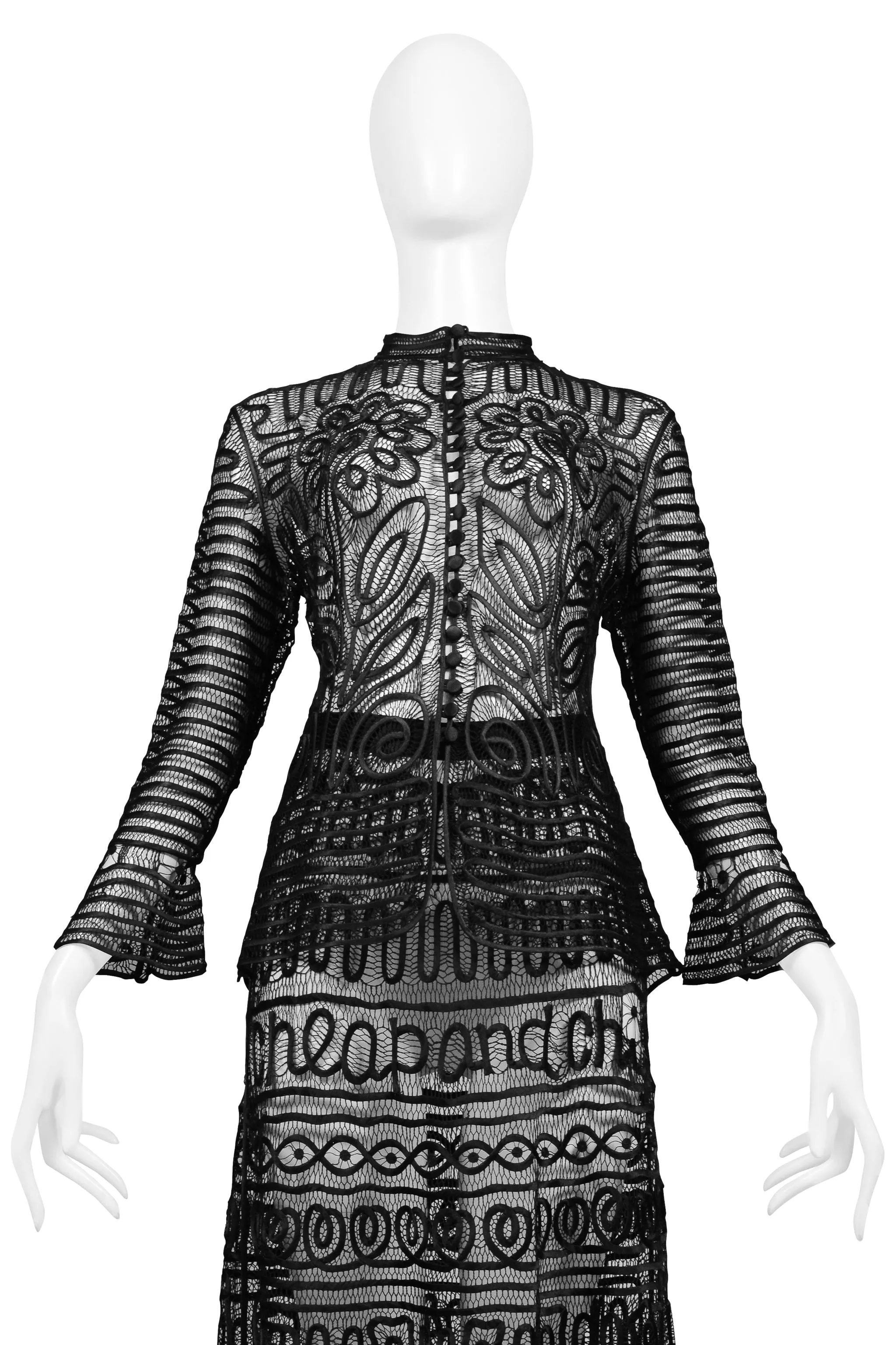 MOSCHINO "CHEAP & CHIC" BLACK SATIN RIBBON LACE JACKET & SKIRT WITH LOGO SCRIPT