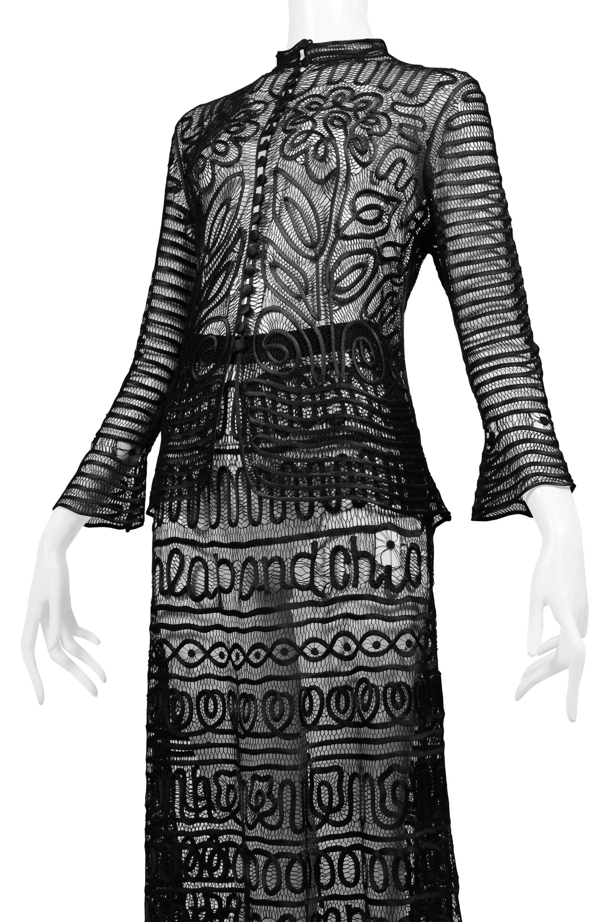 MOSCHINO "CHEAP & CHIC" BLACK SATIN RIBBON LACE JACKET & SKIRT WITH LOGO SCRIPT