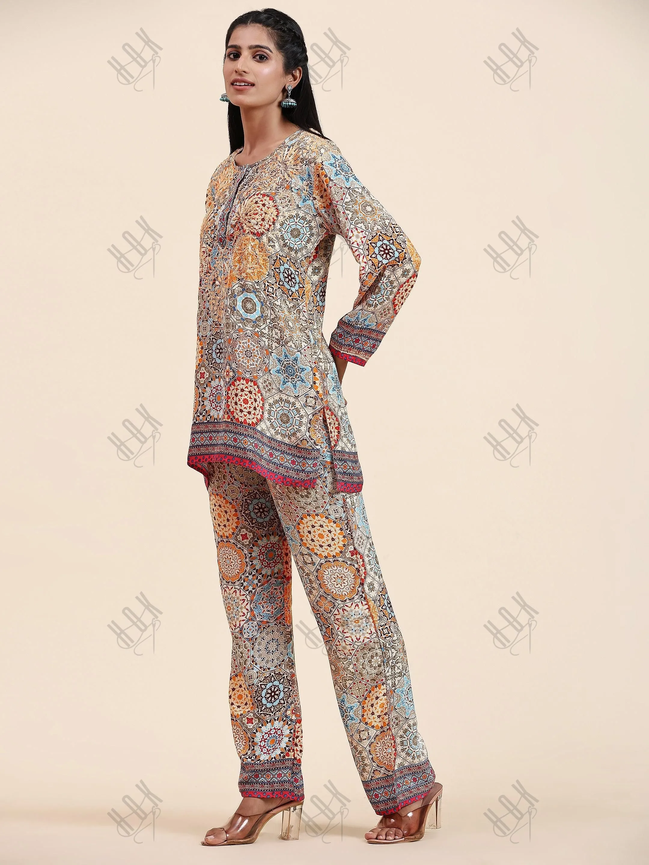 Samma Chikankari Co-ord Set in Polysilk for Women- Orange multicolour Print