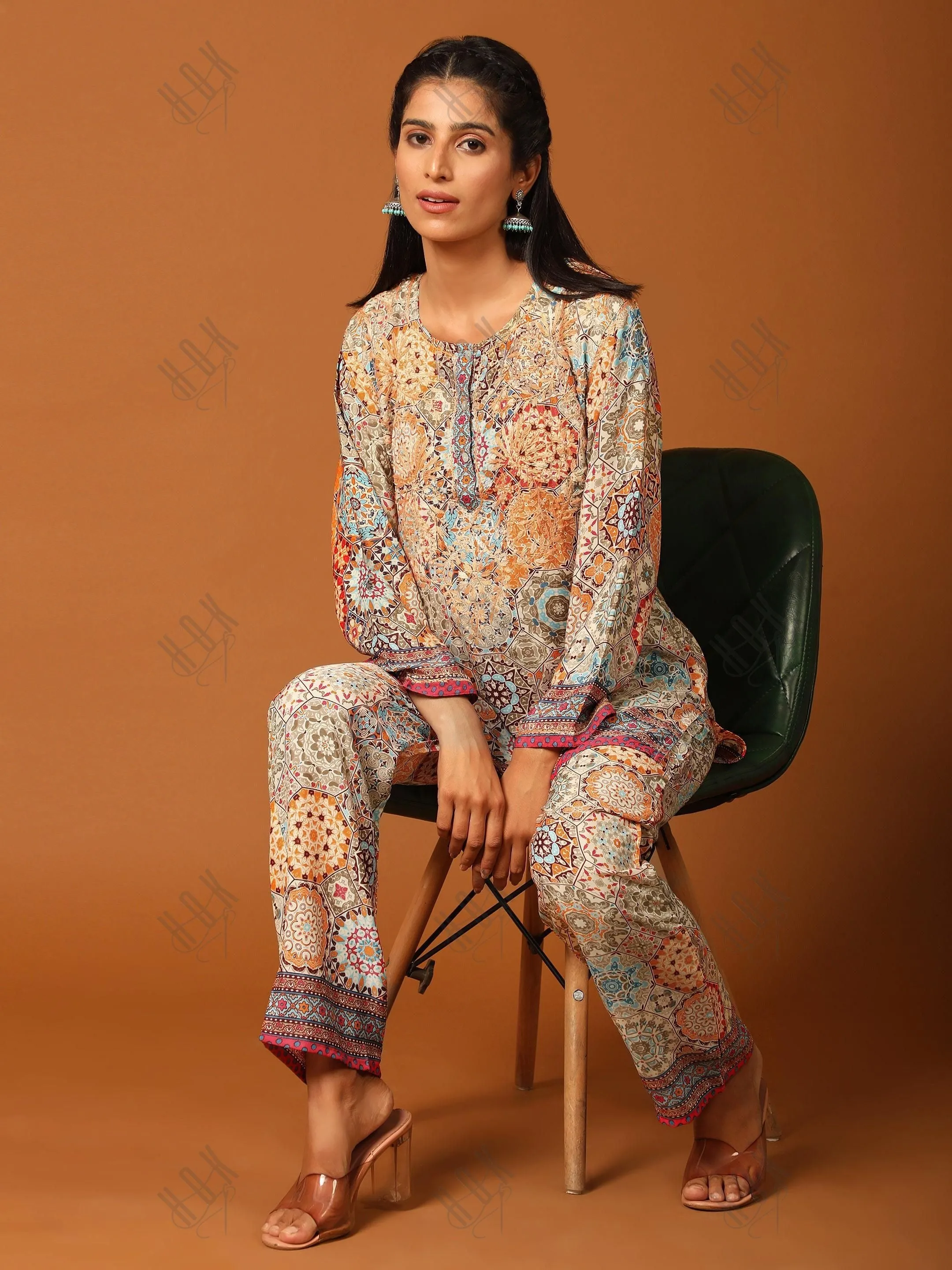 Samma Chikankari Co-ord Set in Polysilk for Women- Orange multicolour Print
