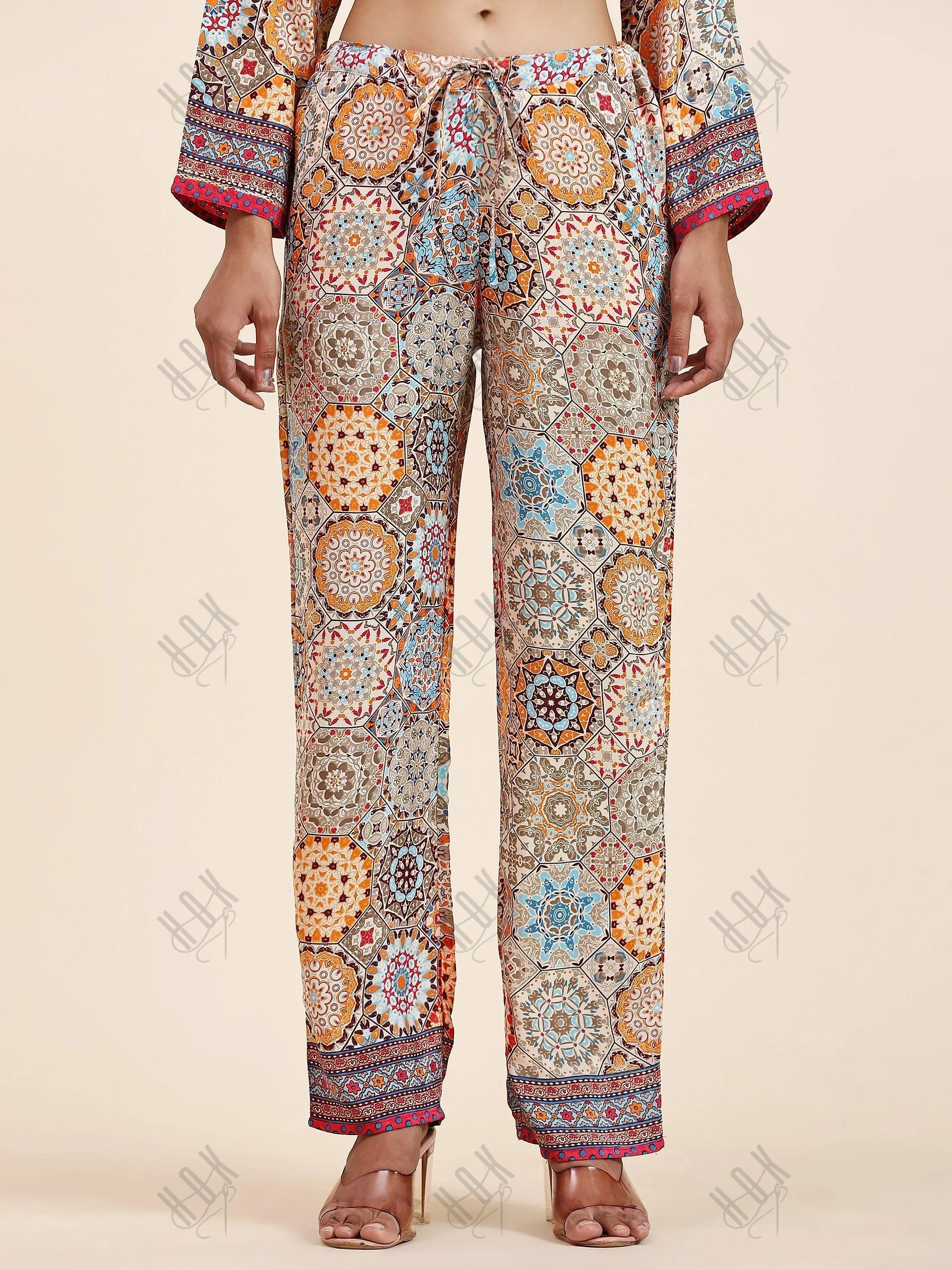 Samma Chikankari Co-ord Set in Polysilk for Women- Orange multicolour Print