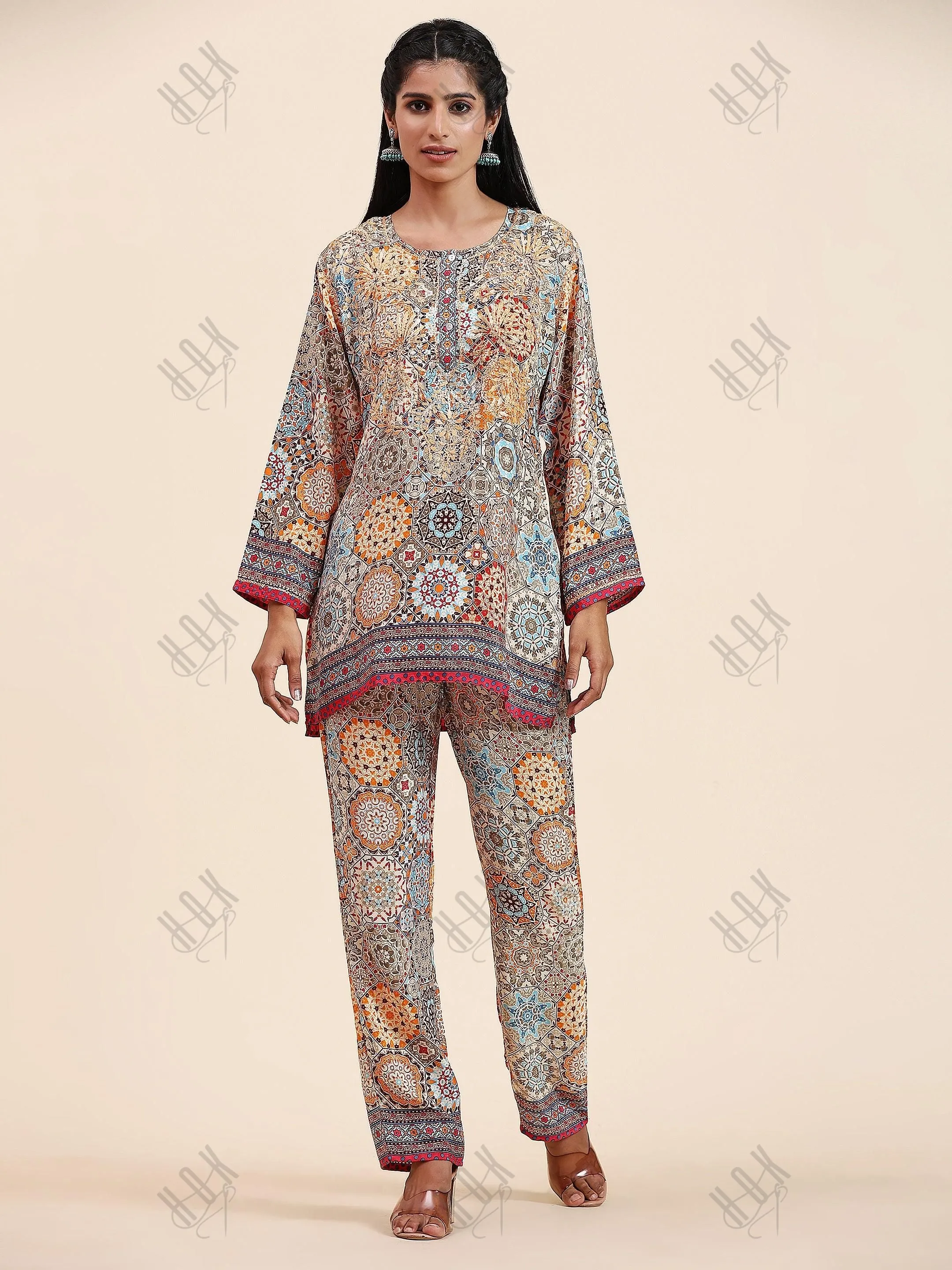Samma Chikankari Co-ord Set in Polysilk for Women- Orange multicolour Print