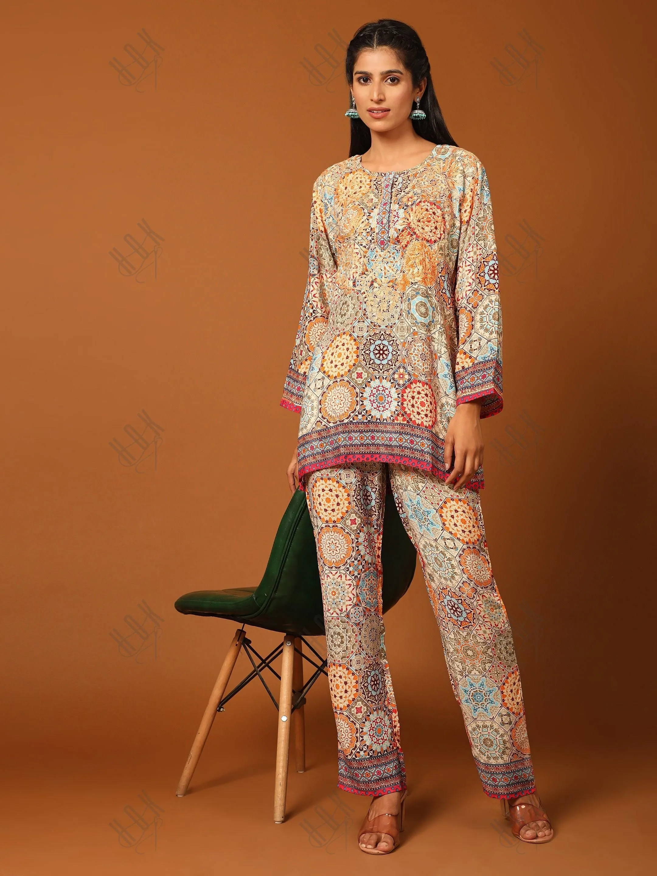 Samma Chikankari Co-ord Set in Polysilk for Women- Orange multicolour Print