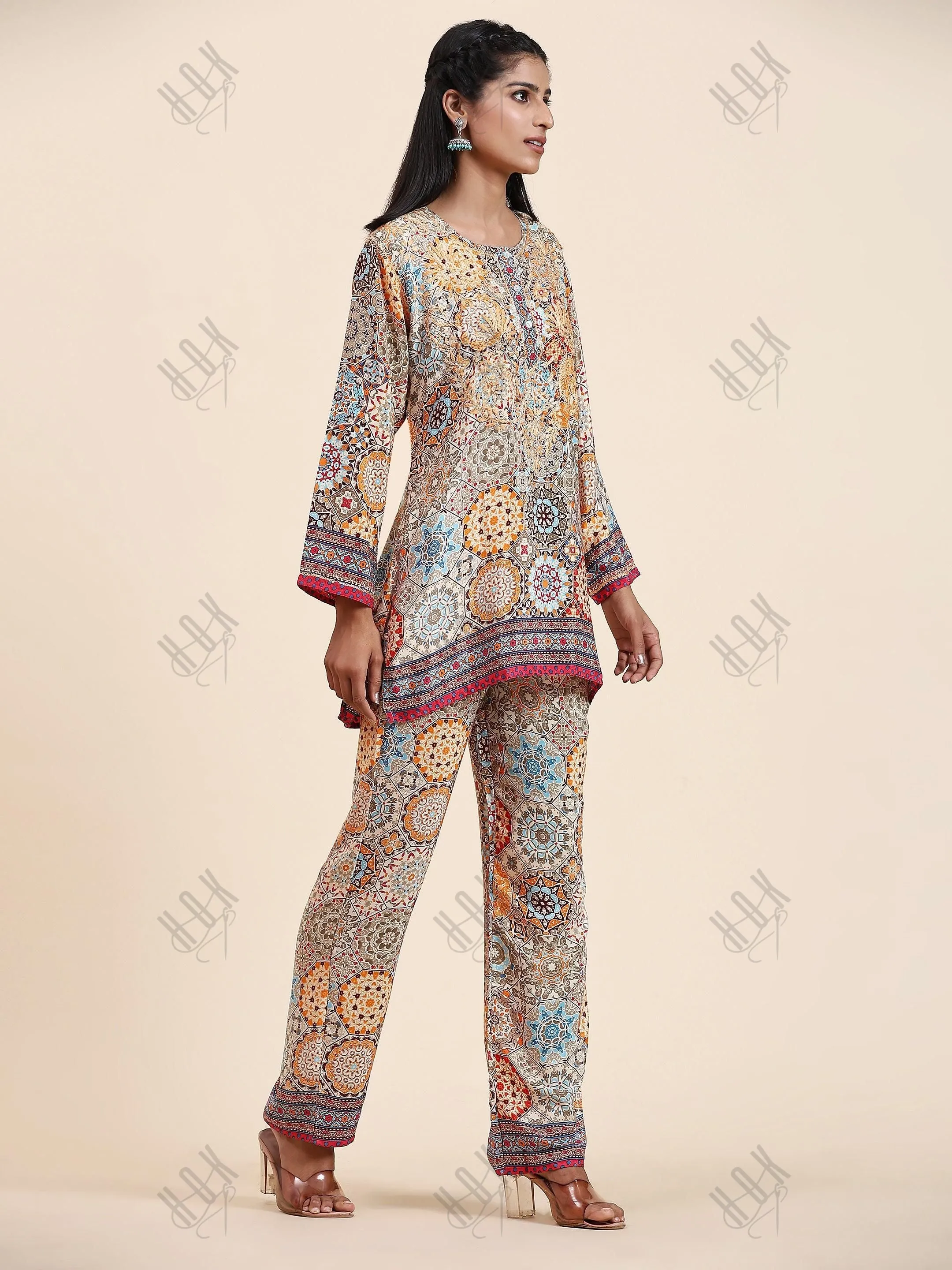 Samma Chikankari Co-ord Set in Polysilk for Women- Orange multicolour Print