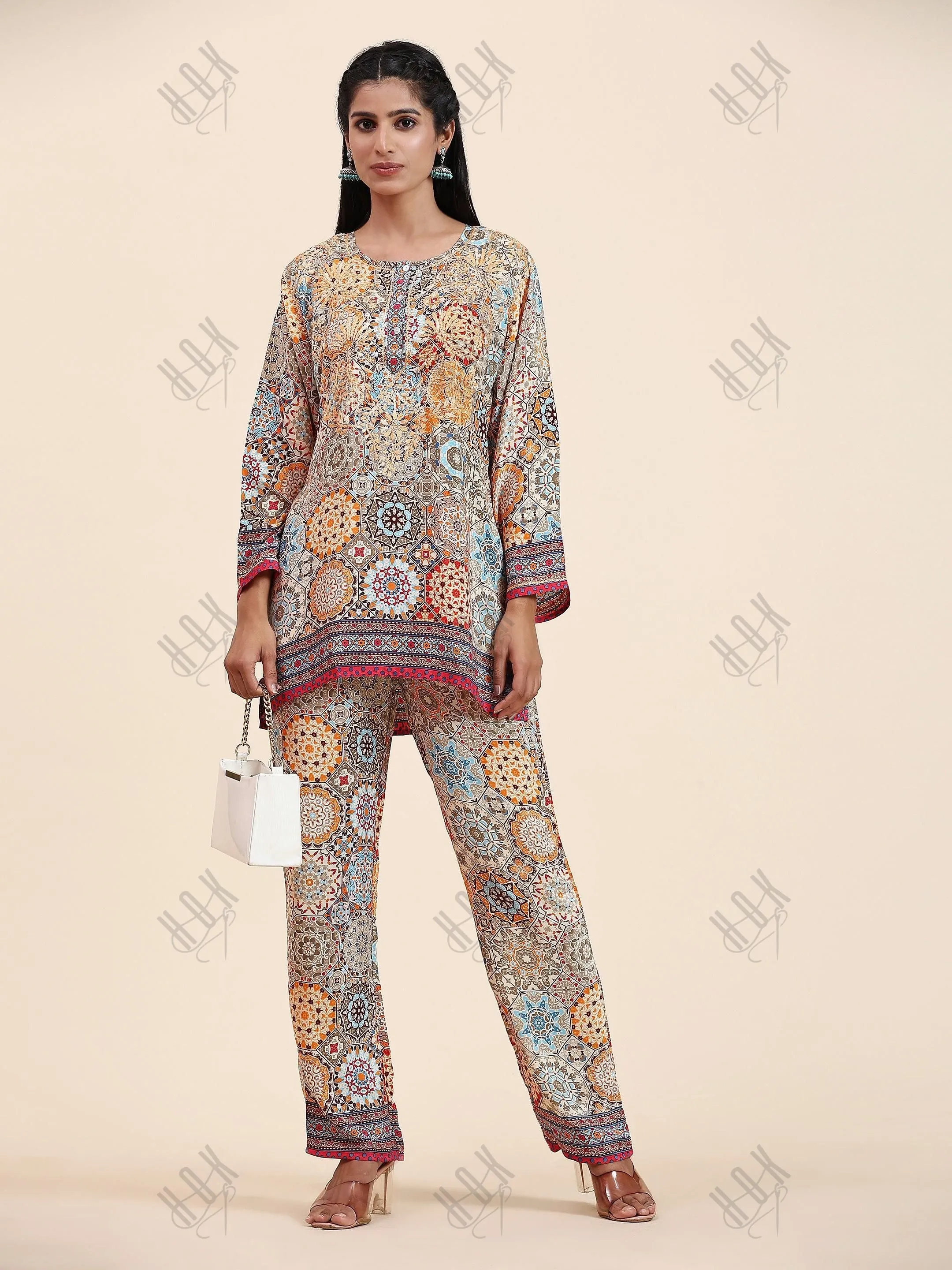 Samma Chikankari Co-ord Set in Polysilk for Women- Orange multicolour Print
