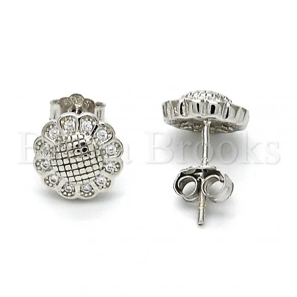 Sterling Silver 02.175.0052 Stud Earring, Flower Design, with White Micro Pave, Polished Finish, Rhodium Tone