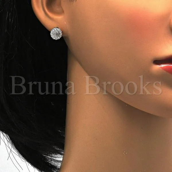 Sterling Silver 02.175.0052 Stud Earring, Flower Design, with White Micro Pave, Polished Finish, Rhodium Tone
