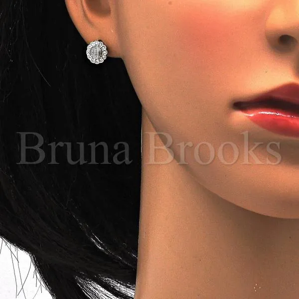 Sterling Silver 02.175.0052 Stud Earring, Flower Design, with White Micro Pave, Polished Finish, Rhodium Tone
