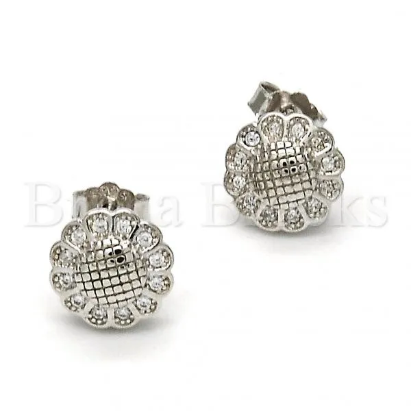 Sterling Silver 02.175.0052 Stud Earring, Flower Design, with White Micro Pave, Polished Finish, Rhodium Tone