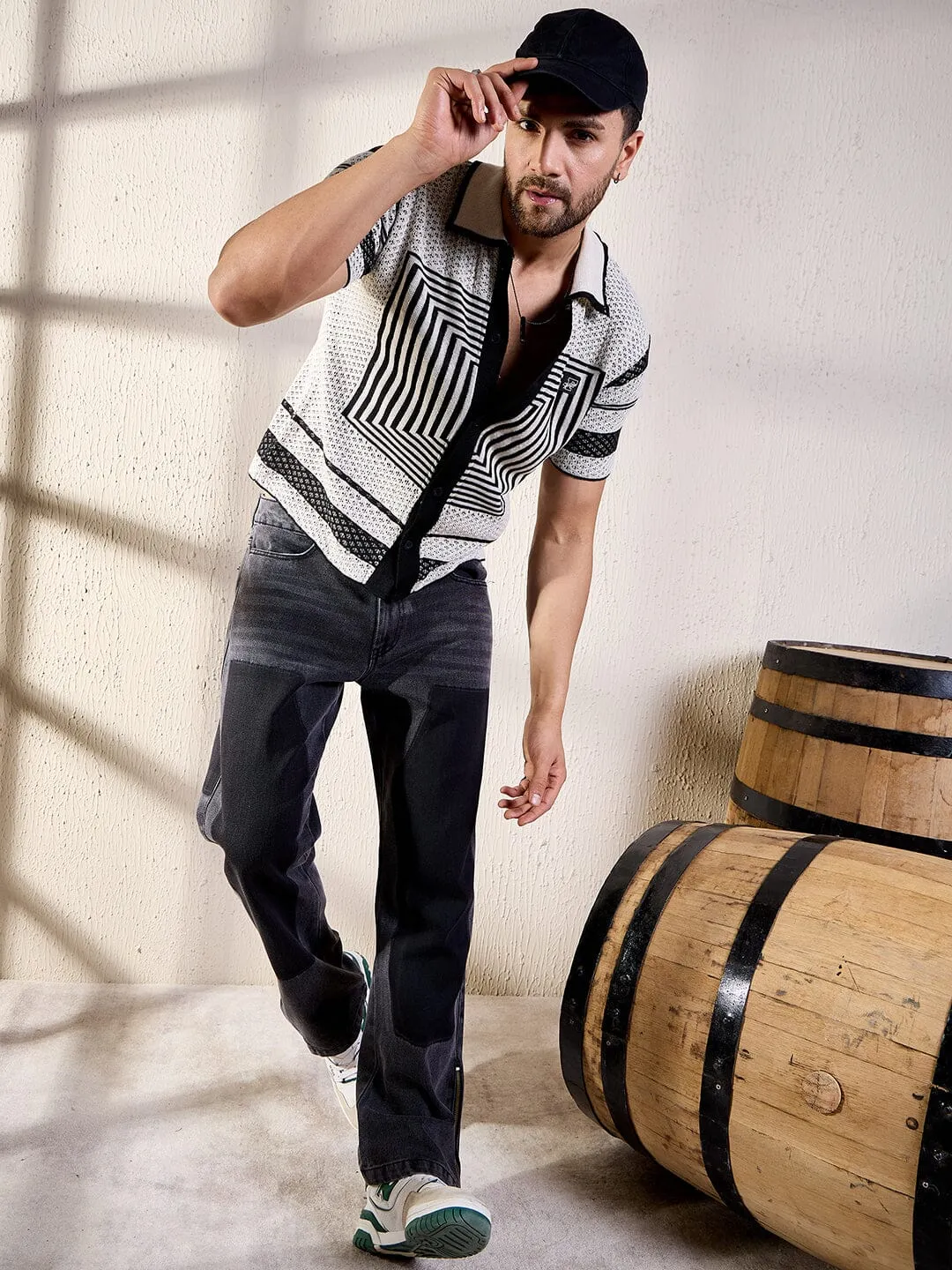 White And Black Geometric Crochet Shirt