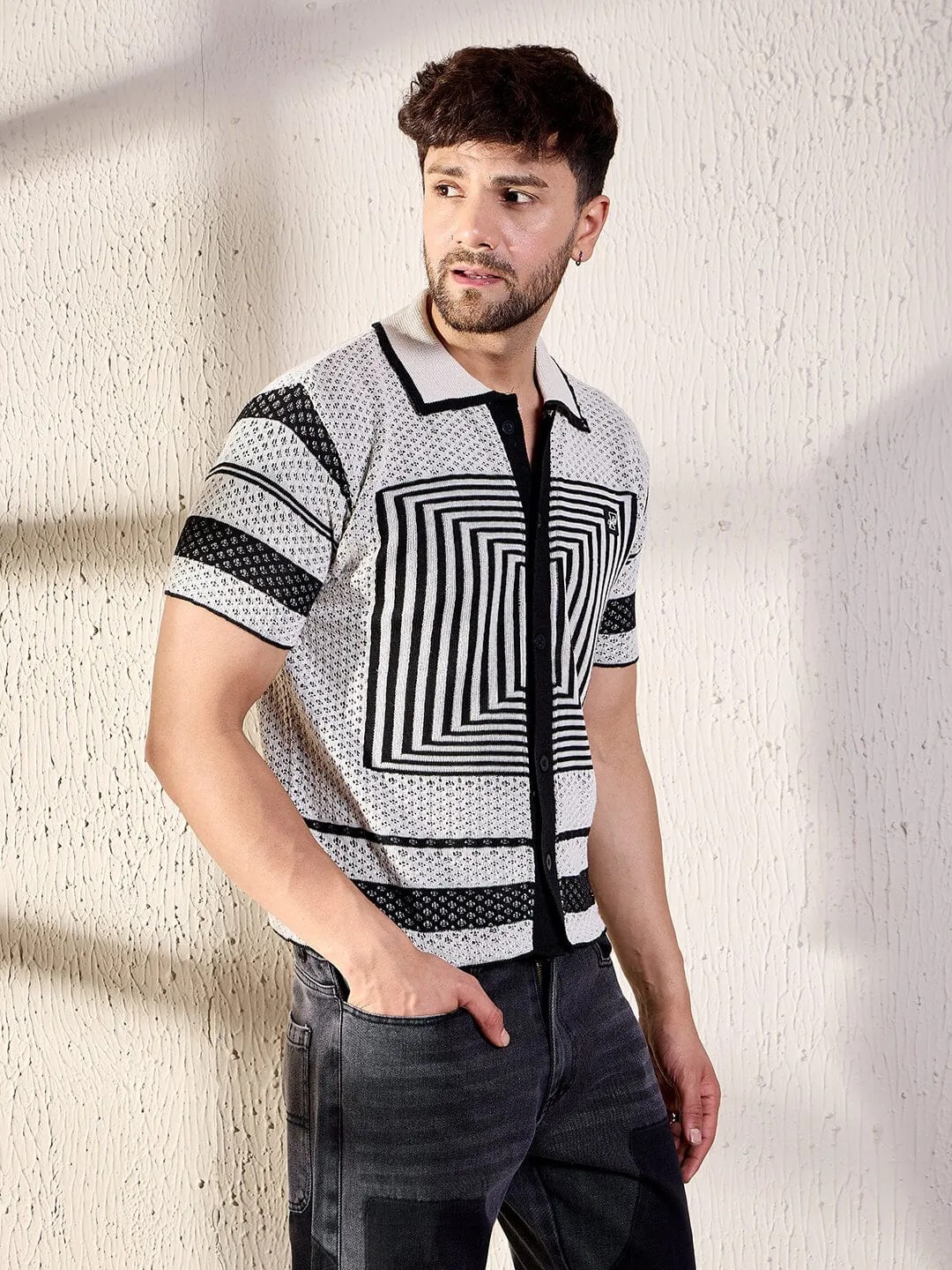 White And Black Geometric Crochet Shirt