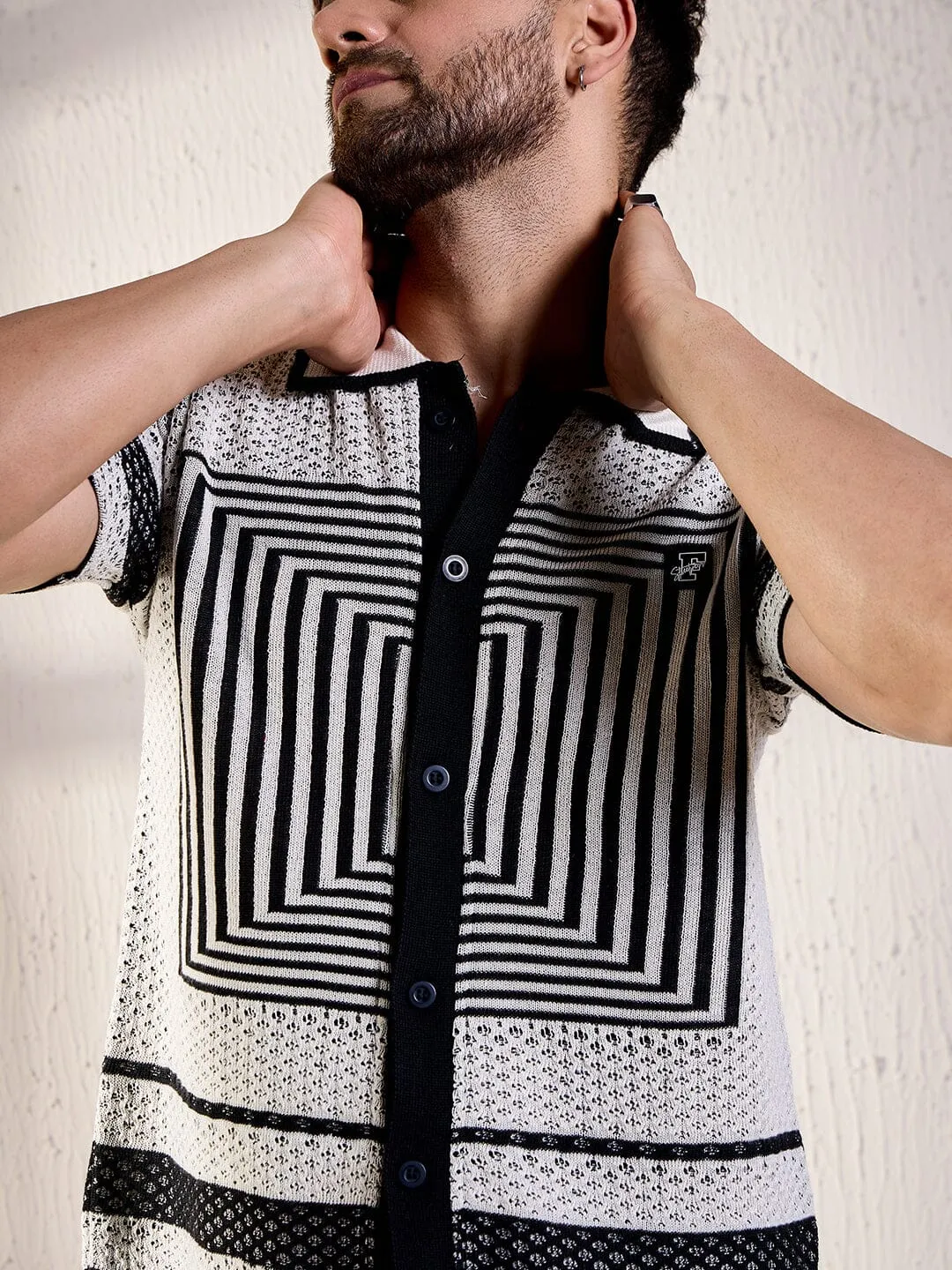 White And Black Geometric Crochet Shirt