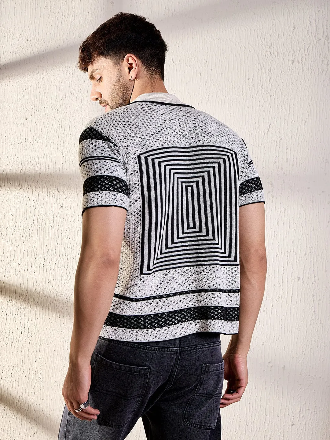 White And Black Geometric Crochet Shirt